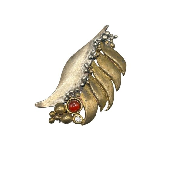 Brutalist Mixed Metal Leaf Brooch Sterling Silver 925 Red & Clear Gem Accents - Picture 1 of 7